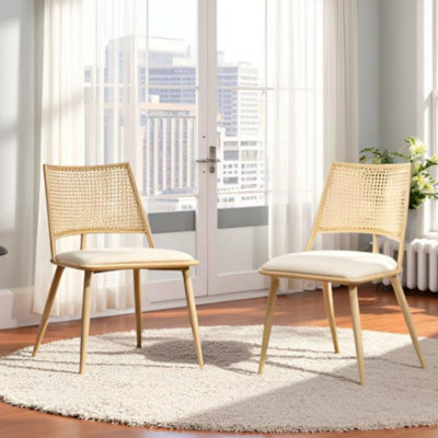 Dining Chairs Set Of 2, Mid-Century Upholstered Dining Chair With Rattan Backrest And Metal Frame (Oak) - image 1