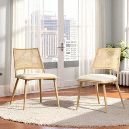 Dining Chairs Set Of 2, Mid-Century Upholstered Dining Chair With Rattan Backrest And Metal Frame (Oak) - thumbnail 1