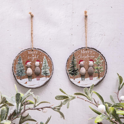 Annibells 2 Christmas Pebble Wood Hanging Rustic Decorations - image 1