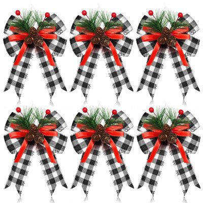 Amorly 6 Pcs Christmas Bows Xmas Bows Tree Decor, Black White Plaid, Christmas Decoration For Home Tree Ornament Party Front Door - image 1
