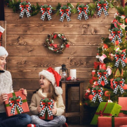 Amorly 6 Pcs Christmas Bows Xmas Bows Tree Decor, Black White Plaid, Christmas Decoration For Home Tree Ornament Party Front Door - thumbnail 3