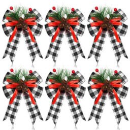 Amorly 6 Pcs Christmas Bows Xmas Bows Tree Decor, Black White Plaid, Christmas Decoration For Home Tree Ornament Party Front Door - thumbnail 1