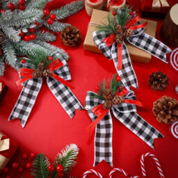 Amorly 6 Pcs Christmas Bows Xmas Bows Tree Decor, Black White Plaid, Christmas Decoration For Home Tree Ornament Party Front Door - thumbnail 4