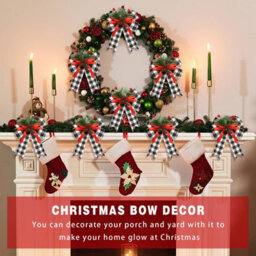 Amorly 6 Pcs Christmas Bows Xmas Bows Tree Decor, Black White Plaid, Christmas Decoration For Home Tree Ornament Party Front Door - thumbnail 5