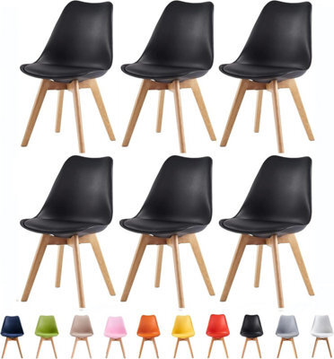 MCC Direct Set Of 6 Dining Chairs With Solid Wooden Legs And Seat Cushion Pads In Black - Eva By Mcc