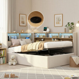 Btm 3Ft L-Shaped Upholstered Daybed With Storage, Led & Usb, Hydraulic Sofa Bed, Velvet Beige