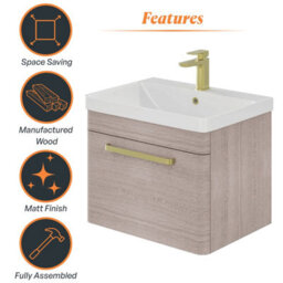 Plum&clay Emery Textured Grey Wall Hung Bathroom Vanity Unit & Basin Set With Gold Handles (W)60Cm (H)46Cm - thumbnail 6