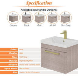 Plum&clay Emery Textured Grey Wall Hung Bathroom Vanity Unit & Basin Set With Gold Handles (W)60Cm (H)46Cm - thumbnail 5