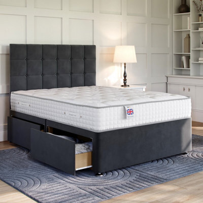 Divan Base Direct Plush Charcoal Platform Top Divan Bed Base 4Ft6 Double With 4 Drawers + Sicily Floor Standing Headboard - image 1