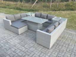 Fimous U Shape Lounge Rattan Garden Furniture Set Adjustable Rising Lifting Table Dining Set With 2 Pc Side Coffee Table Footstool - thumbnail 3