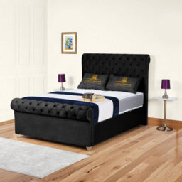 UKBEDFURNITURE Chesterfield Sleigh Black Plush Velvet Upholstered Bed Frame - Slatted Base With 10 Inch Orthopedic Mattress - 48 Inch Headboard - thumbnail 1