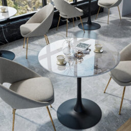 Fativo 76X78.5Cm Large Round Sintered Stone Marble Dining Table Tulip Table Black Leg Base Support W/ Gray Pattern