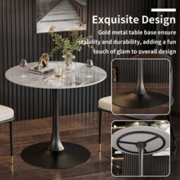 Fativo 76X78.5Cm Large Round Sintered Stone Marble Dining Table Tulip Table Black Leg Base Support W/ Gray Pattern - thumbnail 3