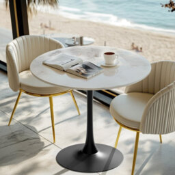 Fativo 76X78.5Cm Large Round Sintered Stone Marble Dining Table Tulip Table Black Leg Base Support W/ Gray Pattern - thumbnail 7