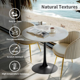 Fativo 76X78.5Cm Large Round Sintered Stone Marble Dining Table Tulip Table Black Leg Base Support W/ Gray Pattern - thumbnail 4