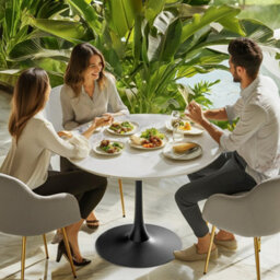 Fativo 76X78.5Cm Large Round Sintered Stone Marble Dining Table Tulip Table Black Leg Base Support W/ Gray Pattern - thumbnail 8
