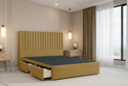 "Nexus Amalfi Mustard Plush Divan Bed Base 2 Drawers Same Side With 54"" Floor Standing Headboard 2'6 Small Single" - thumbnail 1