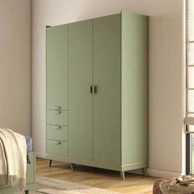 Arte Scandi Green & Oak 3 Door Wardrobe - Modern Bedroom Storage With Drawers, Shelves & Hanging Rail W144 X H215 X D57Cm - image 1