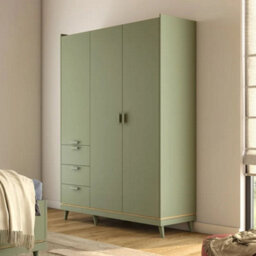 Arte Scandi Green & Oak 3 Door Wardrobe - Modern Bedroom Storage With Drawers, Shelves & Hanging Rail W144 X H215 X D57Cm