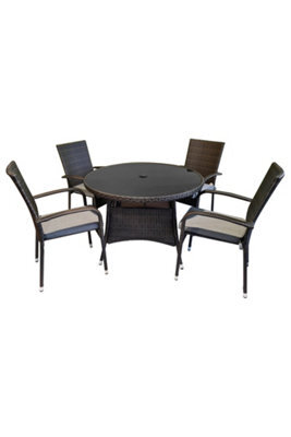 Sh&g Heaton 4 Seat Dining Table Set - 5 Piece Round Table & Chairs - Brown Rattan With Grey Cushions - Indoor & Outdoor - image 1