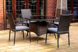 Sh&g Heaton 4 Seat Dining Table Set - 5 Piece Round Table & Chairs - Brown Rattan With Grey Cushions - Indoor & Outdoor - thumbnail 2