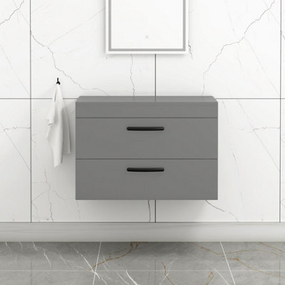 Royal Bathrooms 800mm Wall Hung Vanity Unit 2 Drawer Indigo Gloss Grey - Storage Cabinetwith Matt Black Handle - image 1