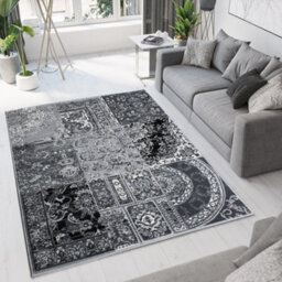 Loomed Black Grey Monochrome Traditional Patchwork Living Room Rug 190X280Cm - thumbnail 1