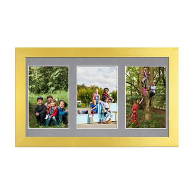 AK Frames 40X20Cm Gold Modern Multi Photo Frame With Mid Grey Mount - Holds 3 Apertures (3X) 6X4 Photos - image 1