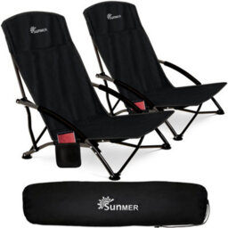 Sunmer Set Of 2 Folding Beach Chairs With Side Pocket & Carry Bag - Black - thumbnail 1