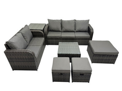 Fimous Wicker Pe Rattan Garden Outdoor Furniture Set Love Sofa Square Coffee Table Set With 3 Stools Side Table Dark Grey Mixed - image 1