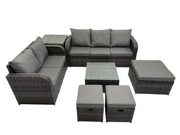 Fimous Wicker Pe Rattan Garden Outdoor Furniture Set Love Sofa Square Coffee Table Set With 3 Stools Side Table Dark Grey Mixed - thumbnail 1
