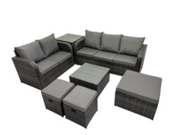 Fimous Wicker Pe Rattan Garden Outdoor Furniture Set Love Sofa Square Coffee Table Set With 3 Stools Side Table Dark Grey Mixed - thumbnail 2