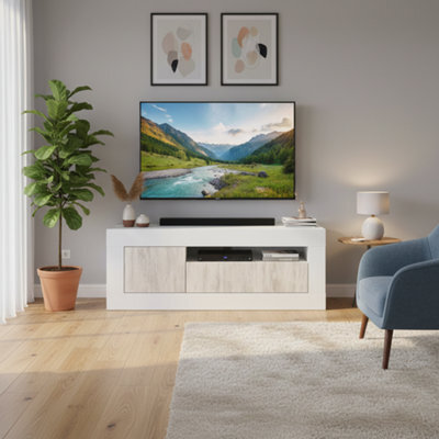 Amos Mann Furniture Aspen Tall Tv Cabinet Entertainment Unit In White With White Wood Effect - image 1