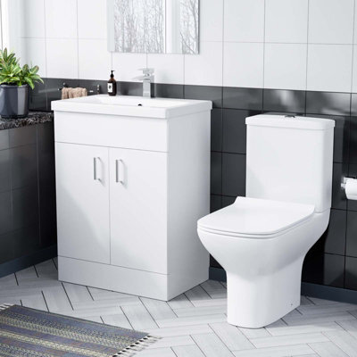 Nes Home 600mm Floorstanding White Basin Vanity & Rimless Close Coupled Toilet Flat Pack - image 1