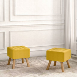Darphe Modern Yellow Linen Footstool With Pine Wood Legs Padded Ottoman Stool