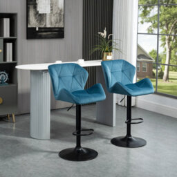 Homcom Set Of 2 Luxurious Velvet-Touch Bar Stools Metal Frame Footrest Blue