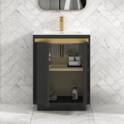 Royal Bathrooms Orion 600mm Matt Obsidian Black 2 Door Floor Standing Vanity Unit With Ceramic Basin & Brushed Brass Strip - thumbnail 4