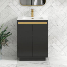 Royal Bathrooms Orion 600mm Matt Obsidian Black 2 Door Floor Standing Vanity Unit With Ceramic Basin & Brushed Brass Strip - thumbnail 2