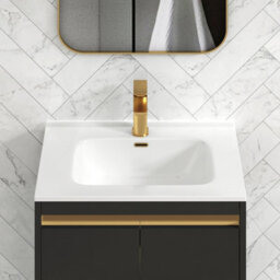 Royal Bathrooms Orion 600mm Matt Obsidian Black 2 Door Floor Standing Vanity Unit With Ceramic Basin & Brushed Brass Strip - thumbnail 7
