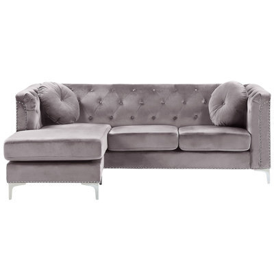 Beliani Corner Sofa 3 Seater Flen Velvet Grey Right Hand - image 1