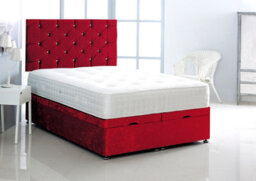 Comfy Deluxe 4Ft6 Double Red Crush Velvet Foot Lift Ottoman Bed With Headboard & Mattress