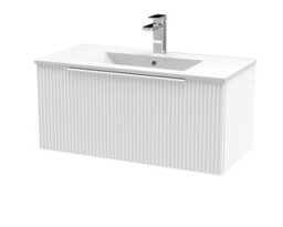 Balterley Tixall Fluted 1 Drawer Wall Hung Vanity Unit With Minimalist Basin, Satin White, 800mm - thumbnail 1