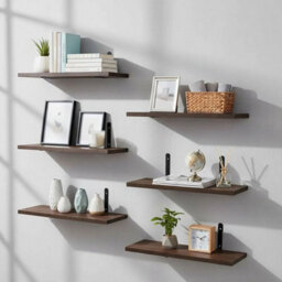 A Dark Wood - 6-Board + 12 Brackets Wooden Floating Shelves Set Wall Mount Display Shelf With Metal Brackets - thumbnail 5