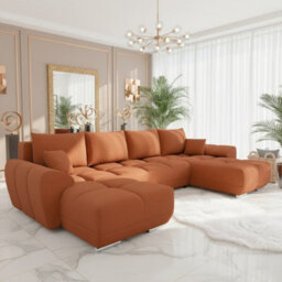 Logo U Shaped Corner Sofa Bed With Storage Reversible Orange Velvet Upholstery Modern Design - thumbnail 1