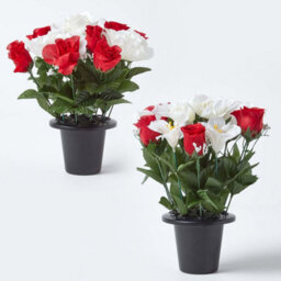 Homescapes Artificial Grave Flowers Set Of 2 Red & White Handcrafted Roses & Lilies Flowers In Grave Vases, 30 X 25 Cm