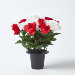 Homescapes Artificial Grave Flowers Set Of 2 Red & White Handcrafted Roses & Lilies Flowers In Grave Vases, 30 X 25 Cm - thumbnail 2