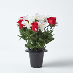Homescapes Artificial Grave Flowers Set Of 2 Red & White Handcrafted Roses & Lilies Flowers In Grave Vases, 30 X 25 Cm - thumbnail 3