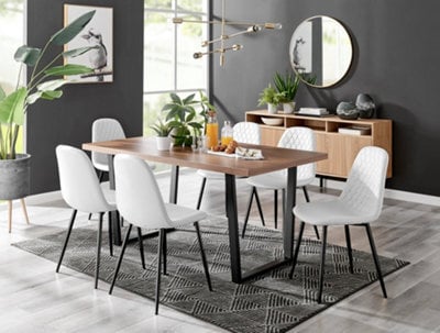 Furniturebox Kylo Brown Rectangular Wood Effect Dining Table & 6 White Faux Leather Corona Black Leg Chairs - image 1