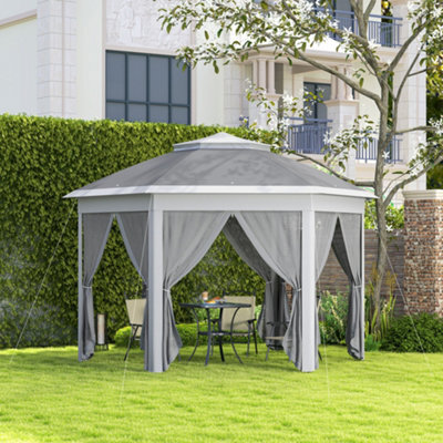 Outsunny 3X4M Hexagon Gazebo W/ Mesh Curtains Outdoor Garden, Dark Grey - image 1