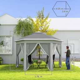 Outsunny 3X4M Hexagon Gazebo W/ Mesh Curtains Outdoor Garden, Dark Grey - thumbnail 3